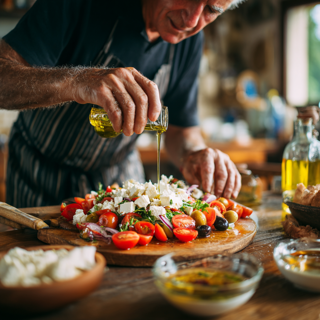 Чоловік віком 58 років готує середземноморський салат з оливковою олією, свіжими томатами та сиром фета
