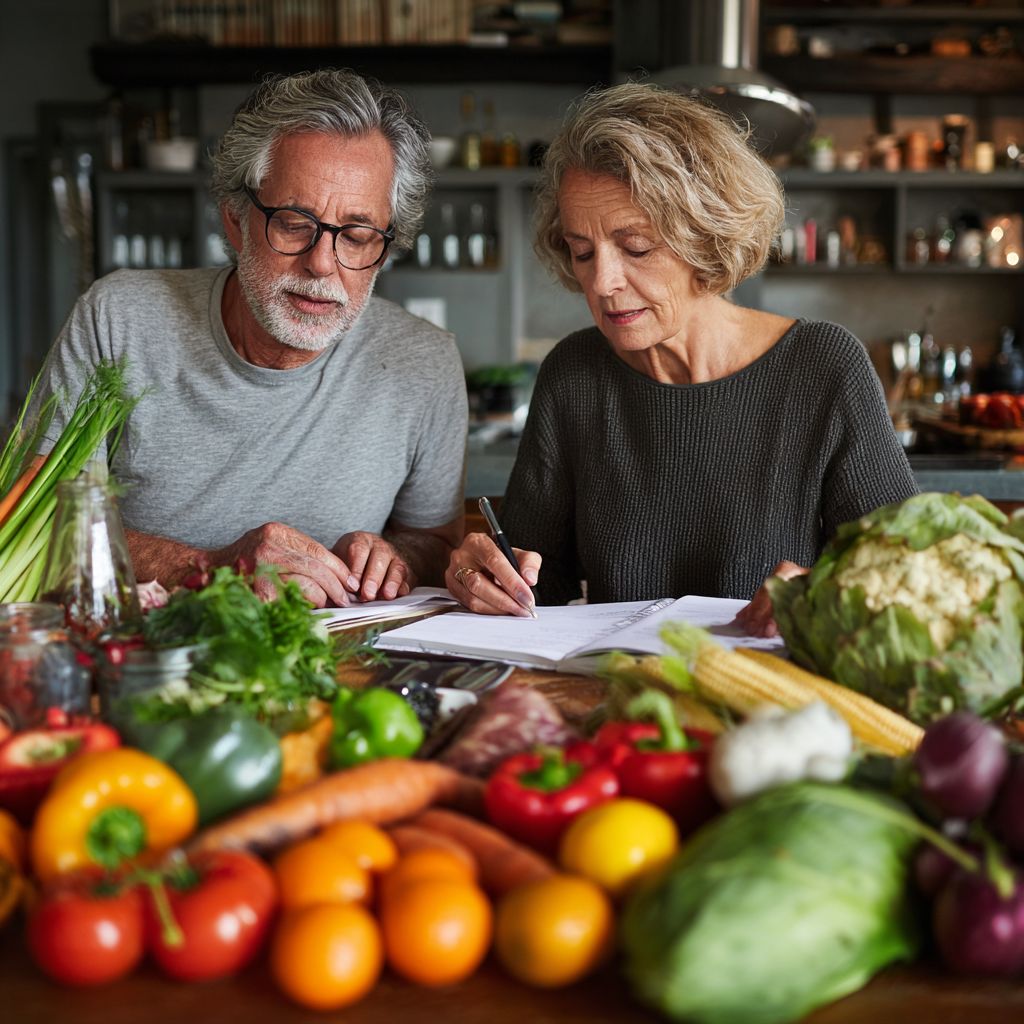 Подружжя віком 52-55 років разом планує тижневе меню за столом, перед ними розкладені різноманітні свіжі продукти