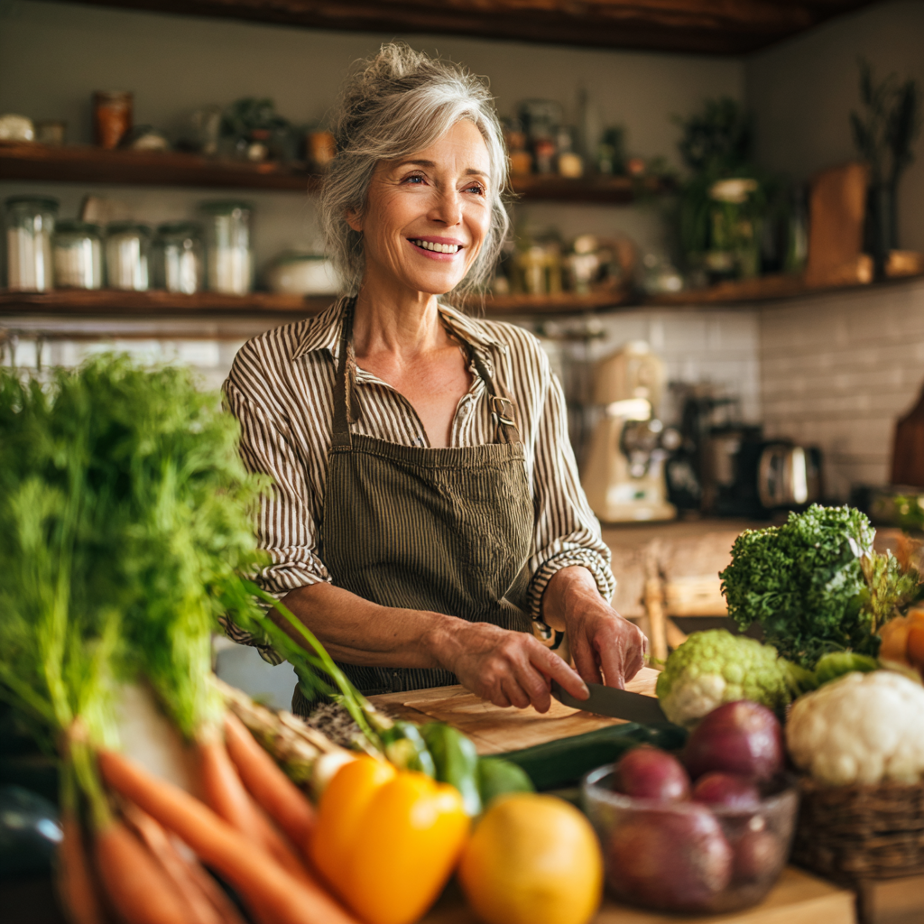Жінка віком 55 років з посмішкою готує здорову їжу на кухні, оточена свіжими овочами та фруктами
