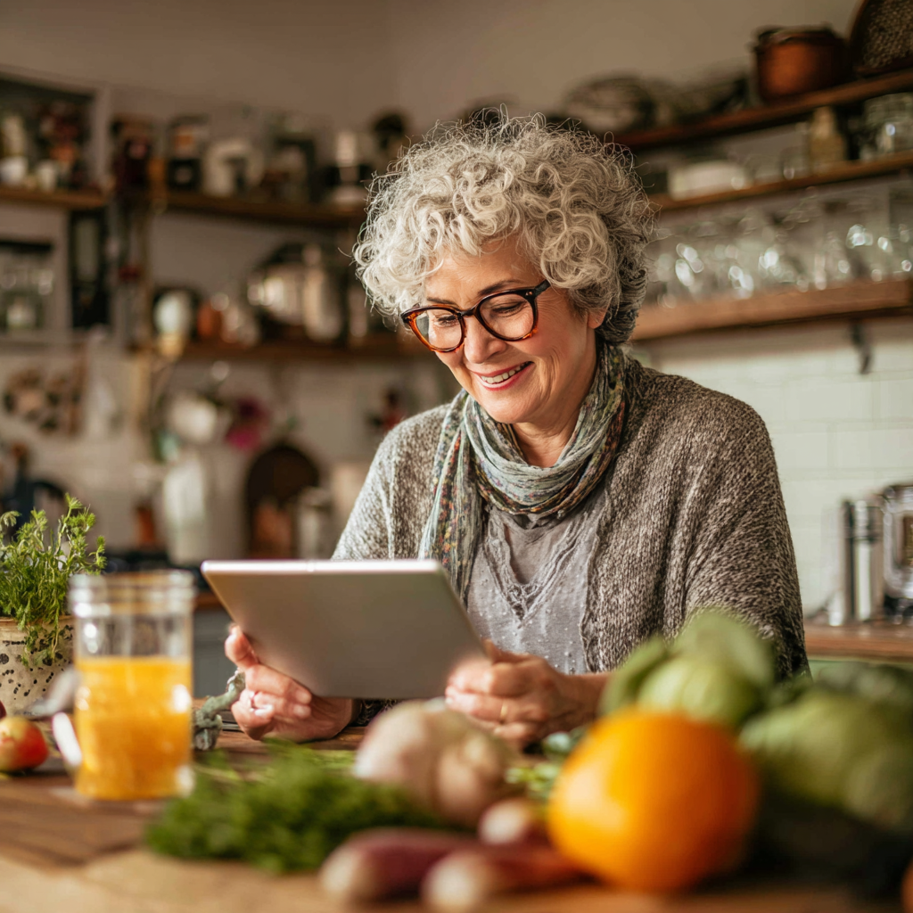 Жінка віком 60 років з планшетом у руках посміхається, розглядаючи план харчування на кухні